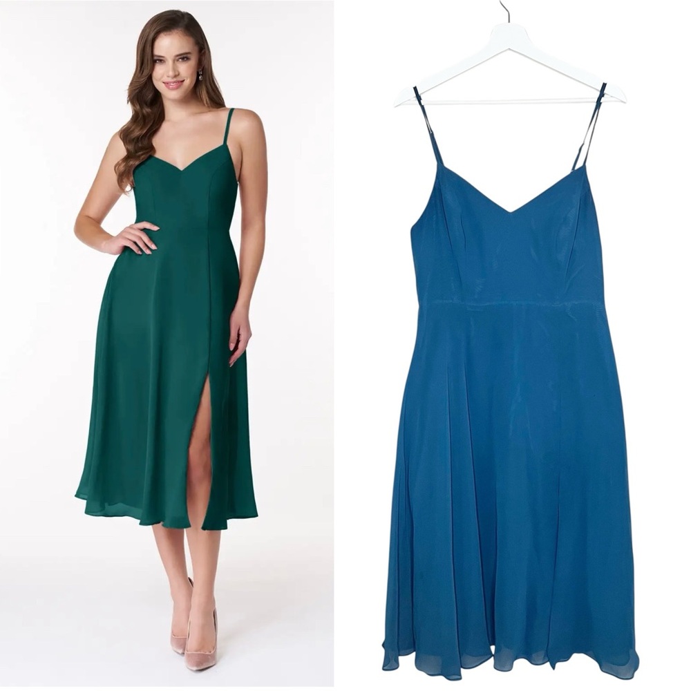 Azazie Teal Midi Dress 8 Clarissa Peacock Spaghetti Straps Chiffon Slit A-Line